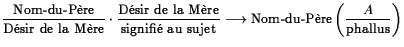 $\displaystyle \ensuremath
{\frac{\text{Nom-du-Pre}}{\text{Dsir de la Mre}} \...
...m-du-Pre}
\left(\frac{\ensuremath{A}\xspace }{\text{phallus}} \right)}\xspace $